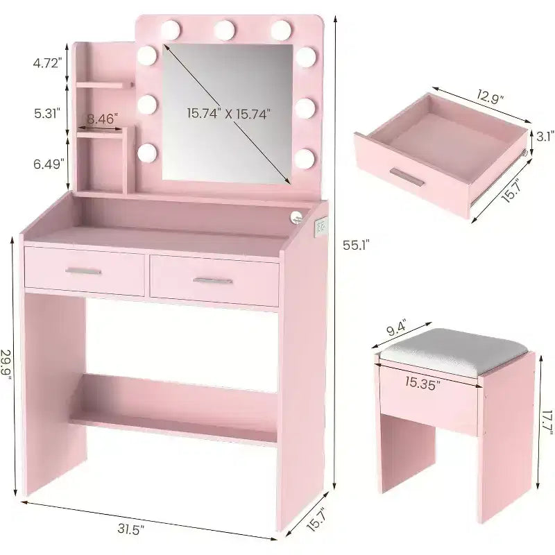 Toeletta con Specchio, Luci LED, 4 Cassetti e Presa di Corrente – Nero/Rosa/Bianco – 1 Persona