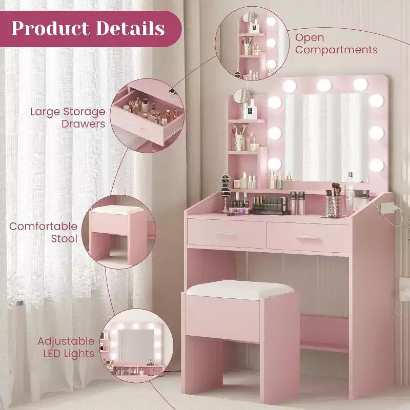 Toeletta con Specchio, Luci LED, 4 Cassetti e Presa di Corrente – Nero/Rosa/Bianco – 1 Persona
