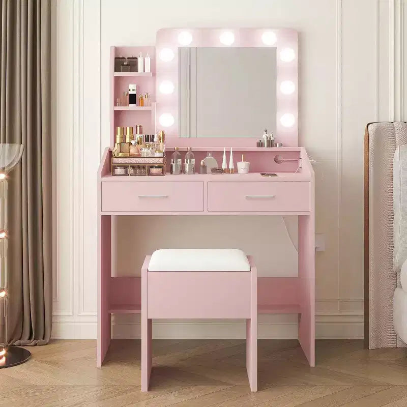 Toeletta con Specchio, Luci LED, 4 Cassetti e Presa di Corrente – Nero/Rosa/Bianco – 1 Persona