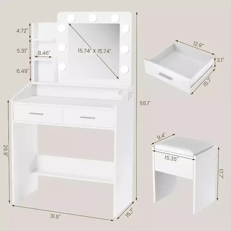 Toeletta con Specchio, Luci LED, 4 Cassetti e Presa di Corrente – Nero/Rosa/Bianco – 1 Persona