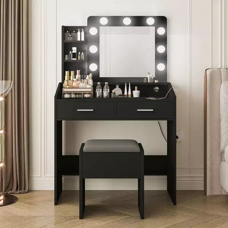 Toeletta con Specchio, Luci LED, 4 Cassetti e Presa di Corrente – Nero/Rosa/Bianco – 1 Persona