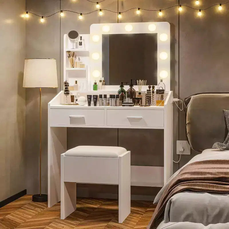 Toeletta con Specchio, Luci LED, 4 Cassetti e Presa di Corrente – Nero/Rosa/Bianco – 1 Persona