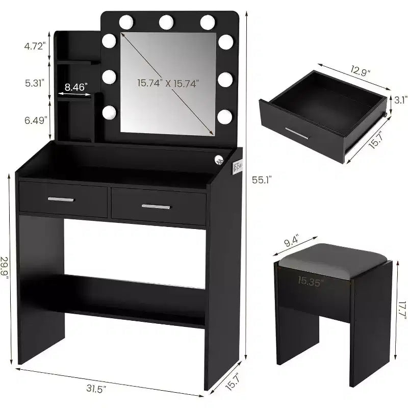 Toeletta con Specchio, Luci LED, 4 Cassetti e Presa di Corrente – Nero/Rosa/Bianco – 1 Persona