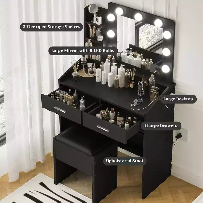 Toeletta con Specchio, Luci LED, 4 Cassetti e Presa di Corrente – Nero/Rosa/Bianco – 1 Persona