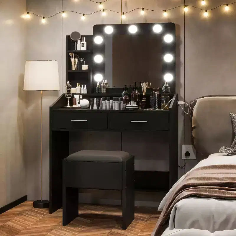 Toeletta con Specchio, Luci LED, 4 Cassetti e Presa di Corrente – Nero/Rosa/Bianco – 1 Persona