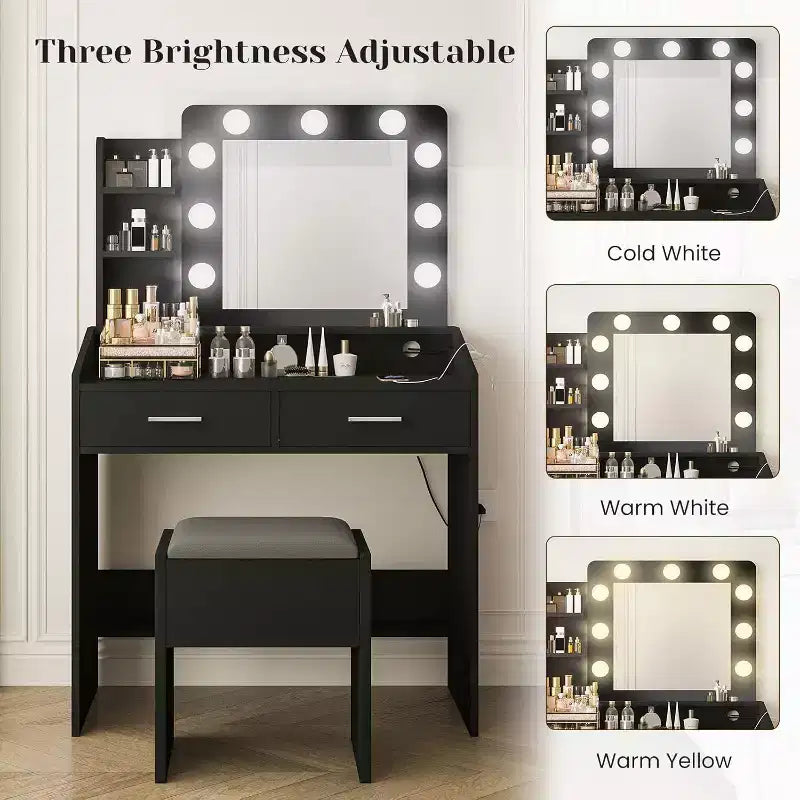 Toeletta con Specchio, Luci LED, 4 Cassetti e Presa di Corrente – Nero/Rosa/Bianco – 1 Persona