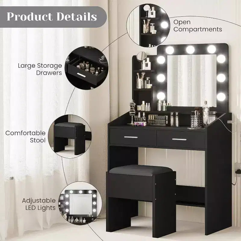 Toeletta con Specchio, Luci LED, 4 Cassetti e Presa di Corrente – Nero/Rosa/Bianco – 1 Persona