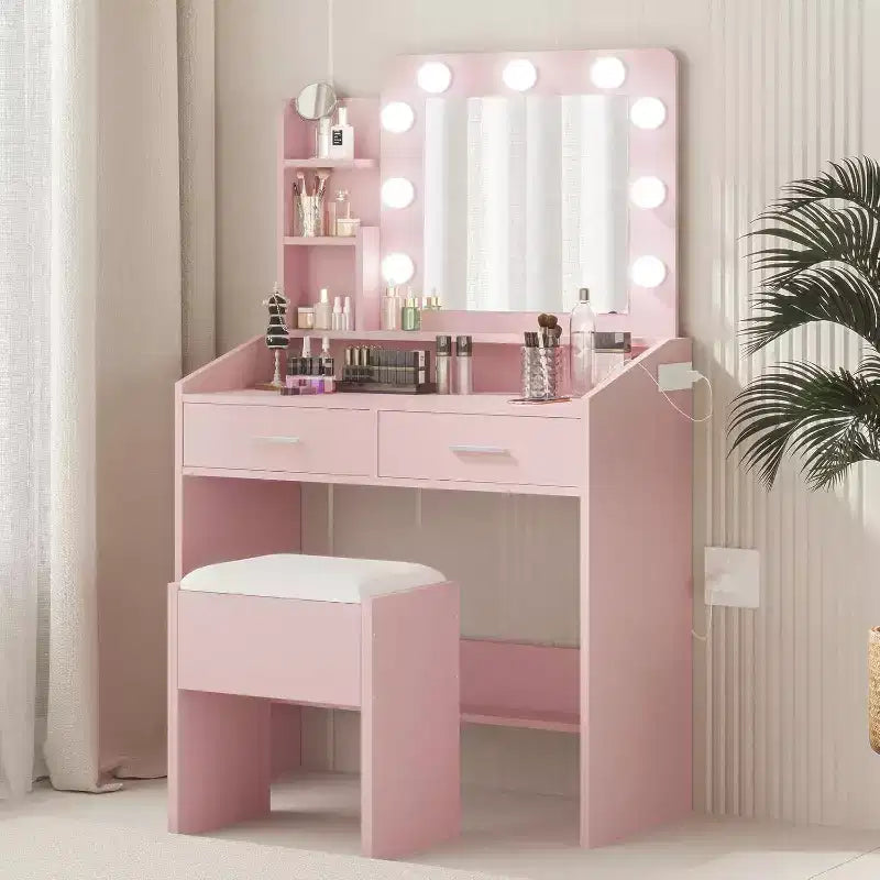 Toeletta con Specchio, Luci LED, 4 Cassetti e Presa di Corrente – Nero/Rosa/Bianco – 1 Persona