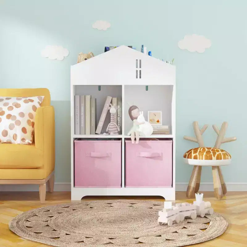 Libreria-casa delle bambole a 2 ripiani bianca e grigia / bianca e rosa con cassetti in tessuto per 1 bambino