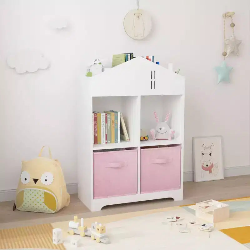 Libreria-casa delle bambole a 2 ripiani bianca e grigia / bianca e rosa con cassetti in tessuto per 1 bambino