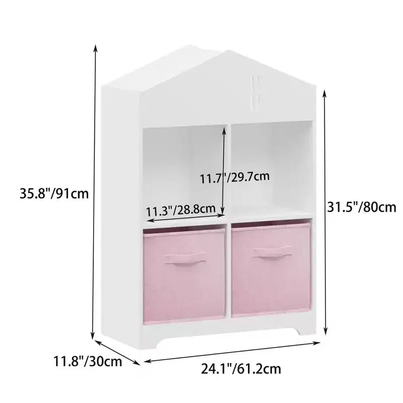 Libreria-casa delle bambole a 2 ripiani bianca e grigia / bianca e rosa con cassetti in tessuto per 1 bambino