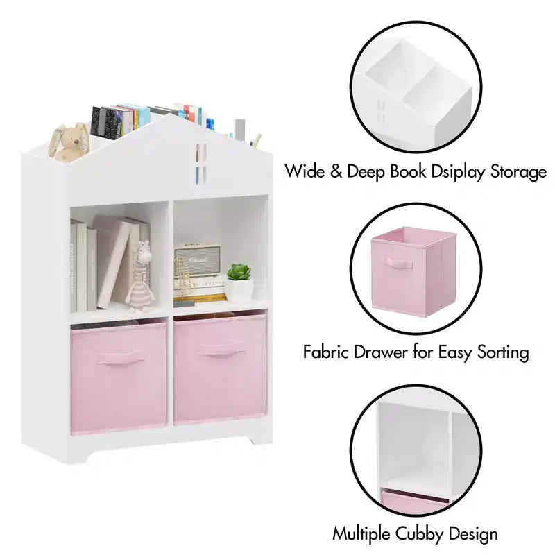 Libreria-casa delle bambole a 2 ripiani bianca e grigia / bianca e rosa con cassetti in tessuto per 1 bambino