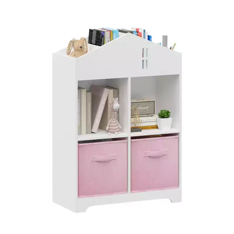 Libreria-casa delle bambole a 2 ripiani bianca e grigia / bianca e rosa con cassetti in tessuto per 1 bambino