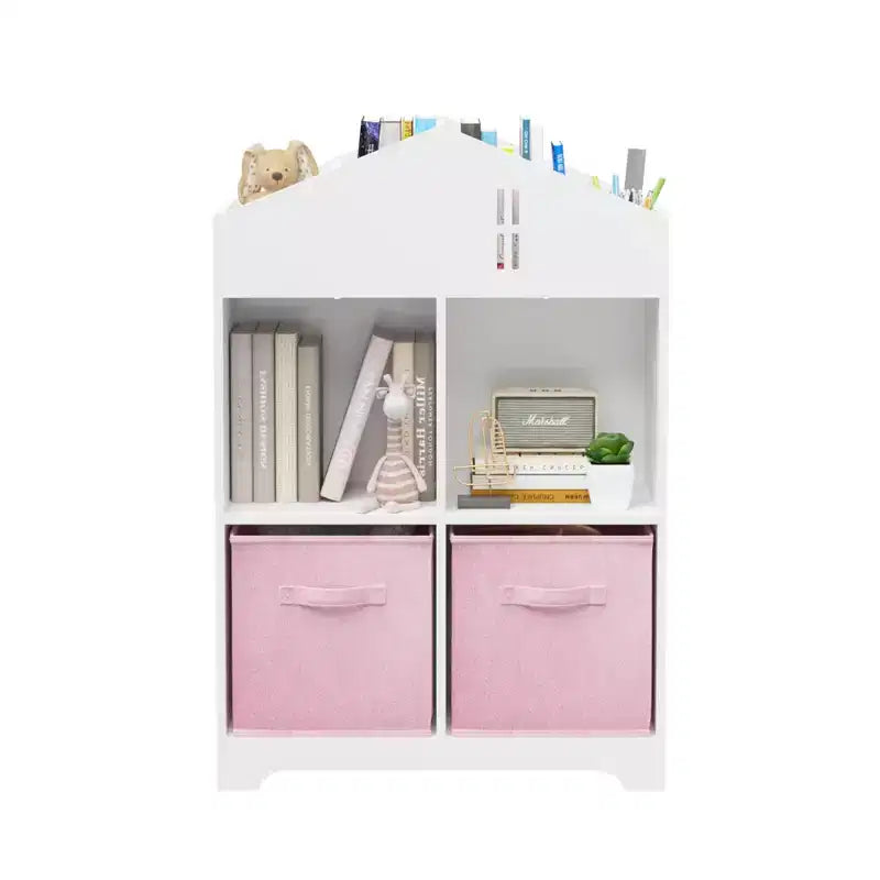 Libreria-casa delle bambole a 2 ripiani bianca e grigia / bianca e rosa con cassetti in tessuto per 1 bambino