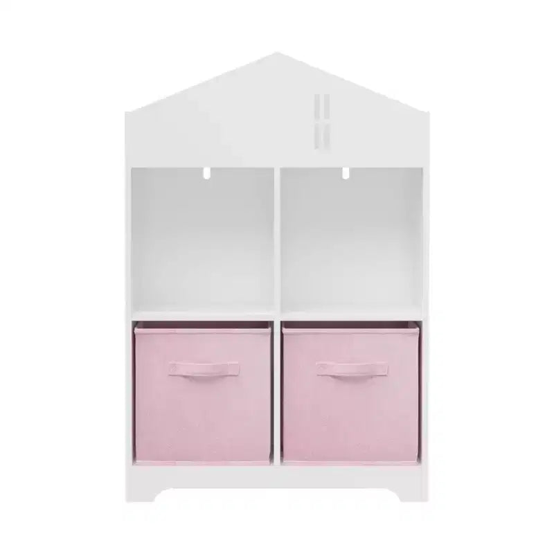 Libreria-casa delle bambole a 2 ripiani bianca e grigia / bianca e rosa con cassetti in tessuto per 1 bambino