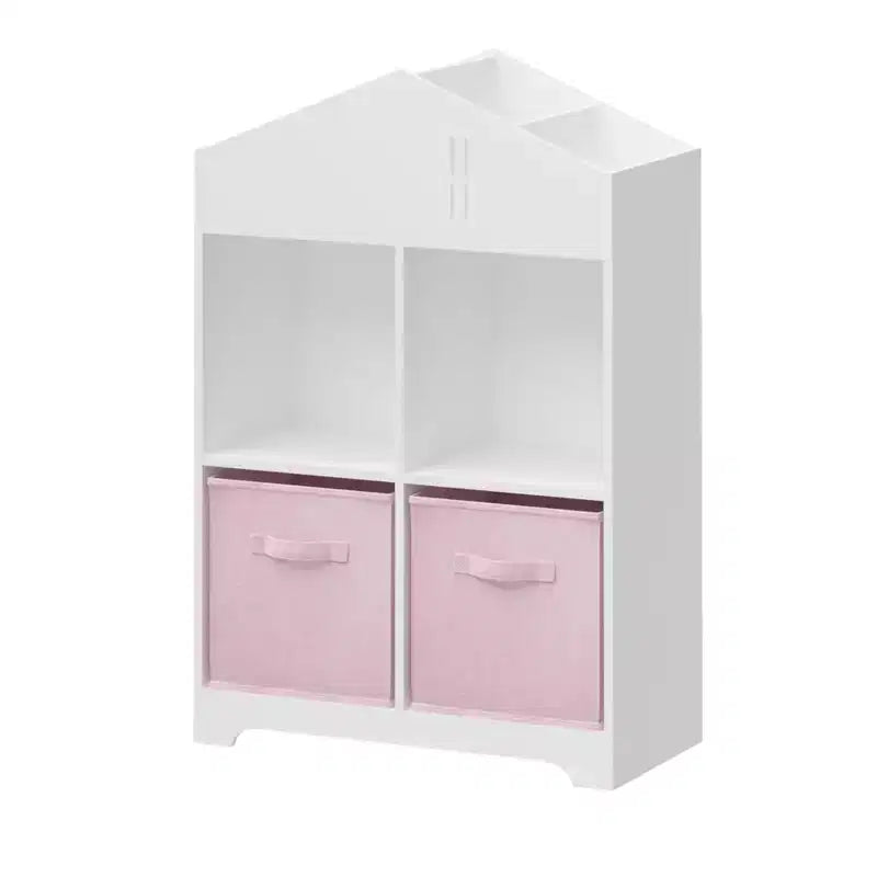 Libreria-casa delle bambole a 2 ripiani bianca e grigia / bianca e rosa con cassetti in tessuto per 1 bambino