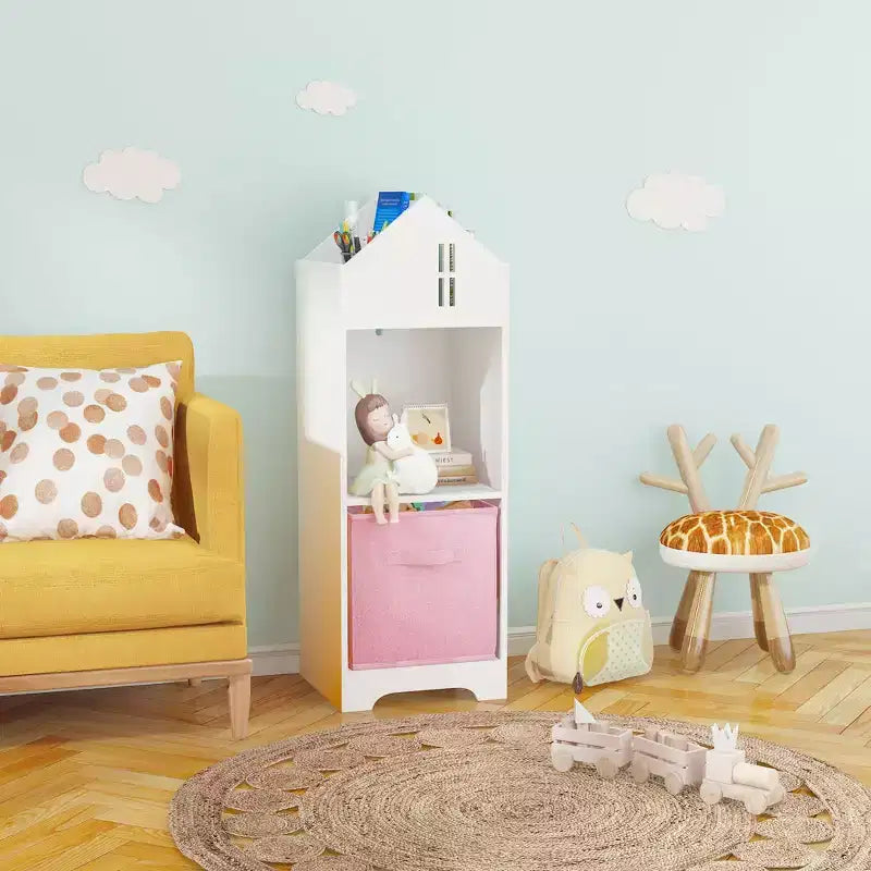 Libreria-casa delle bambole a 2 ripiani bianca e grigia / bianca e rosa con cassetti in tessuto per 1 bambino