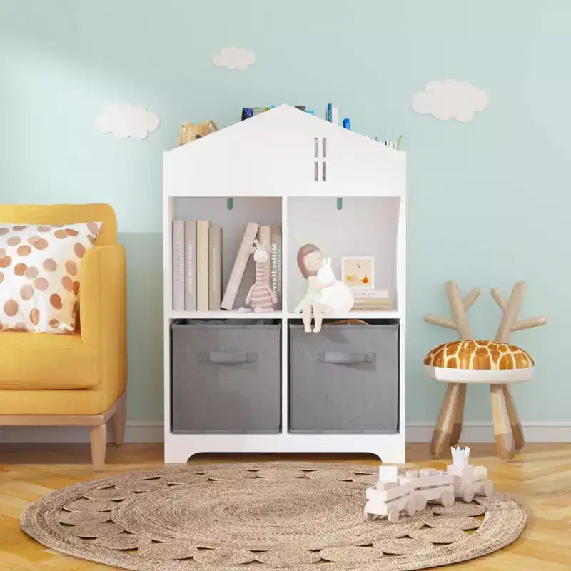 Libreria-casa delle bambole a 2 ripiani bianca e grigia / bianca e rosa con cassetti in tessuto per 1 bambino