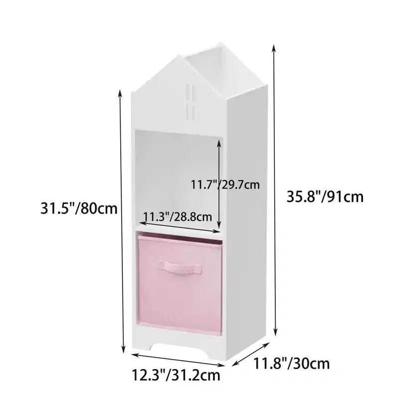 Libreria-casa delle bambole a 2 ripiani bianca e grigia / bianca e rosa con cassetti in tessuto per 1 bambino