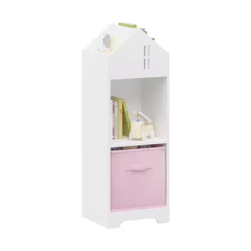 Libreria-casa delle bambole a 2 ripiani bianca e grigia / bianca e rosa con cassetti in tessuto per 1 bambino
