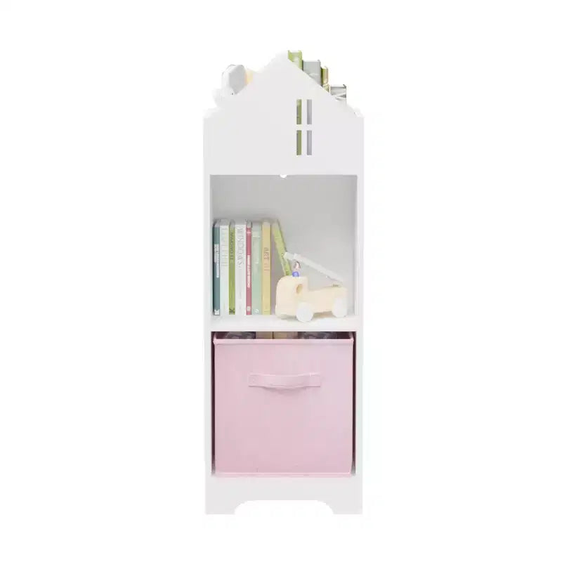 Libreria-casa delle bambole a 2 ripiani bianca e grigia / bianca e rosa con cassetti in tessuto per 1 bambino