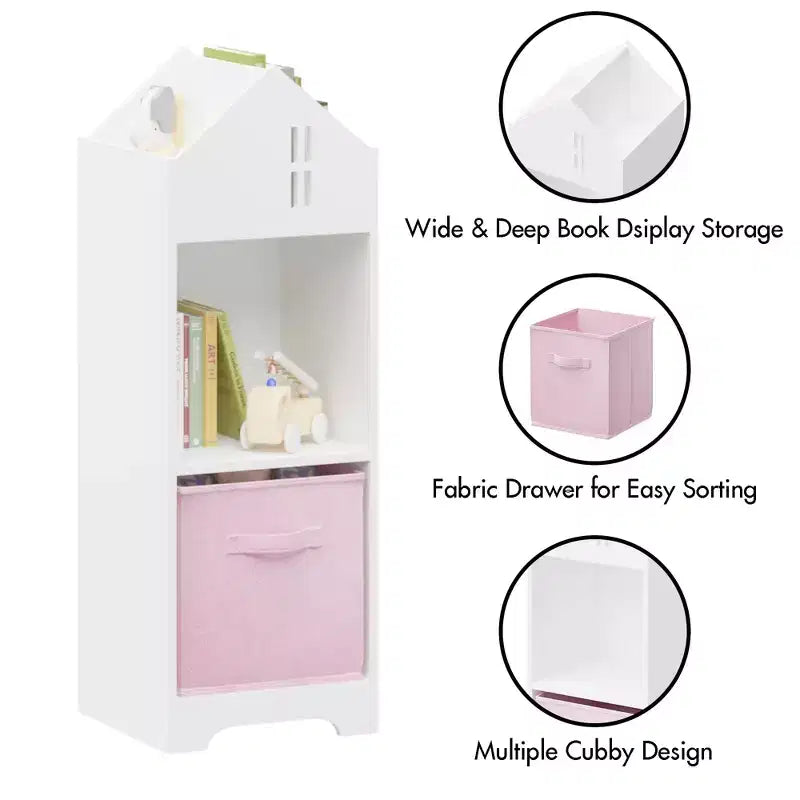 Libreria-casa delle bambole a 2 ripiani bianca e grigia / bianca e rosa con cassetti in tessuto per 1 bambino