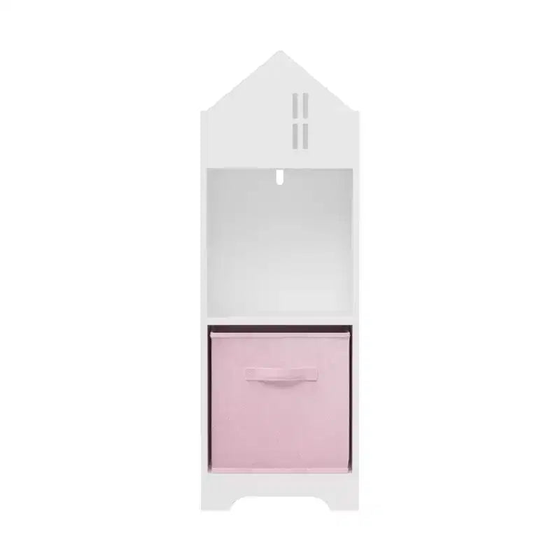 Libreria-casa delle bambole a 2 ripiani bianca e grigia / bianca e rosa con cassetti in tessuto per 1 bambino