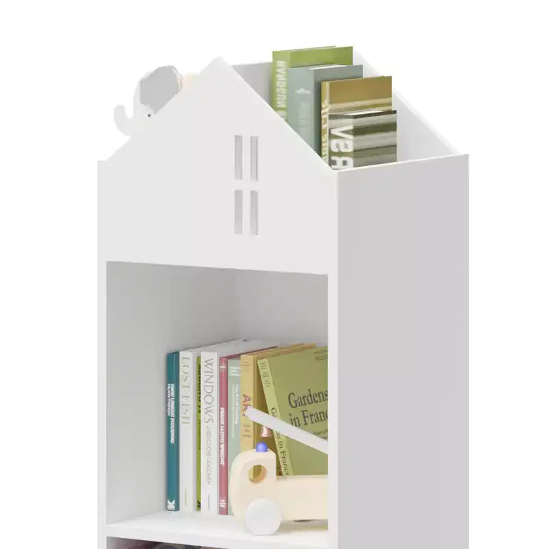 Libreria-casa delle bambole a 2 ripiani bianca e grigia / bianca e rosa con cassetti in tessuto per 1 bambino