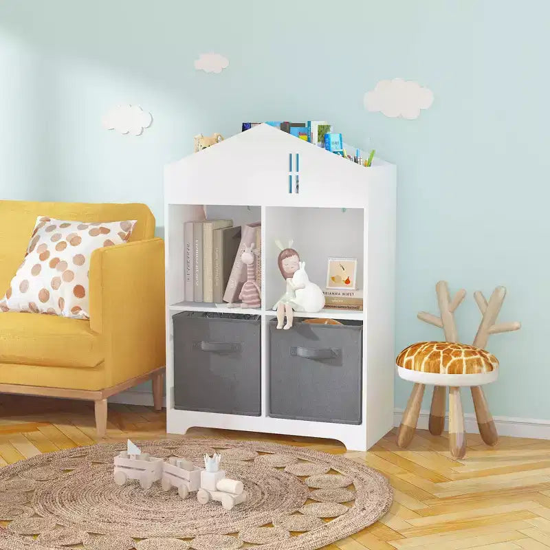Libreria-casa delle bambole a 2 ripiani bianca e grigia / bianca e rosa con cassetti in tessuto per 1 bambino