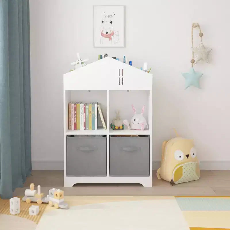 Libreria-casa delle bambole a 2 ripiani bianca e grigia / bianca e rosa con cassetti in tessuto per 1 bambino