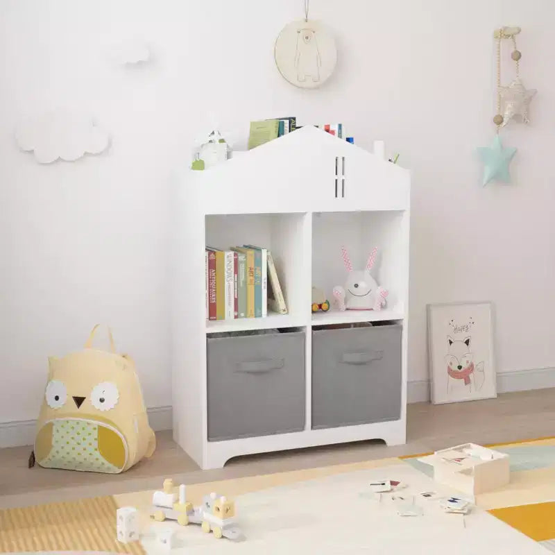 Libreria-casa delle bambole a 2 ripiani bianca e grigia / bianca e rosa con cassetti in tessuto per 1 bambino