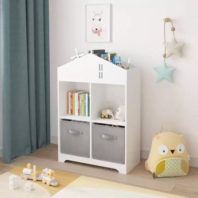 Libreria-casa delle bambole a 2 ripiani bianca e grigia / bianca e rosa con cassetti in tessuto per 1 bambino