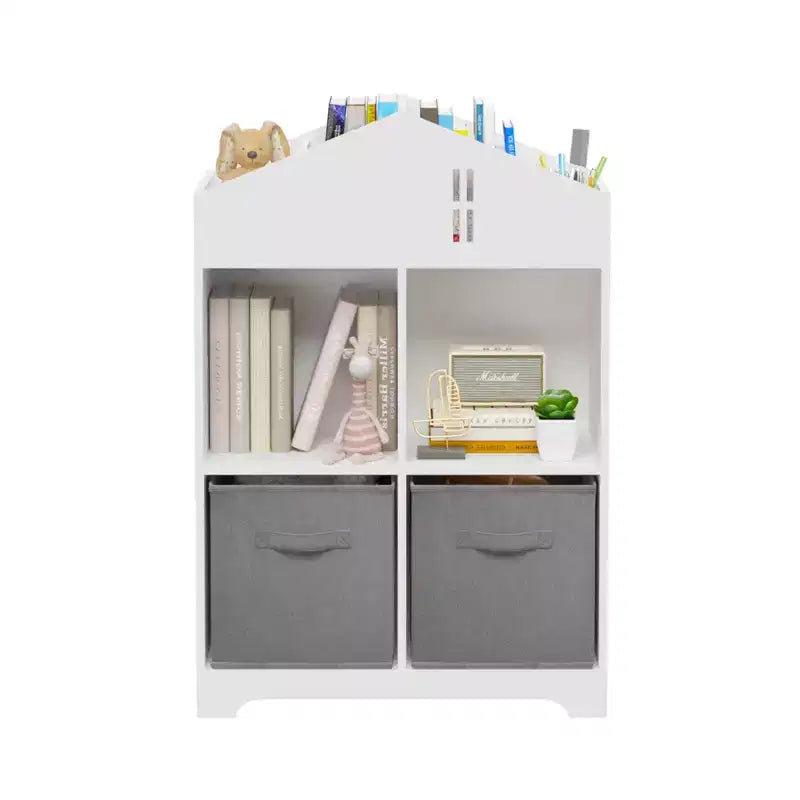 Libreria-casa delle bambole a 2 ripiani bianca e grigia / bianca e rosa con cassetti in tessuto per 1 bambino