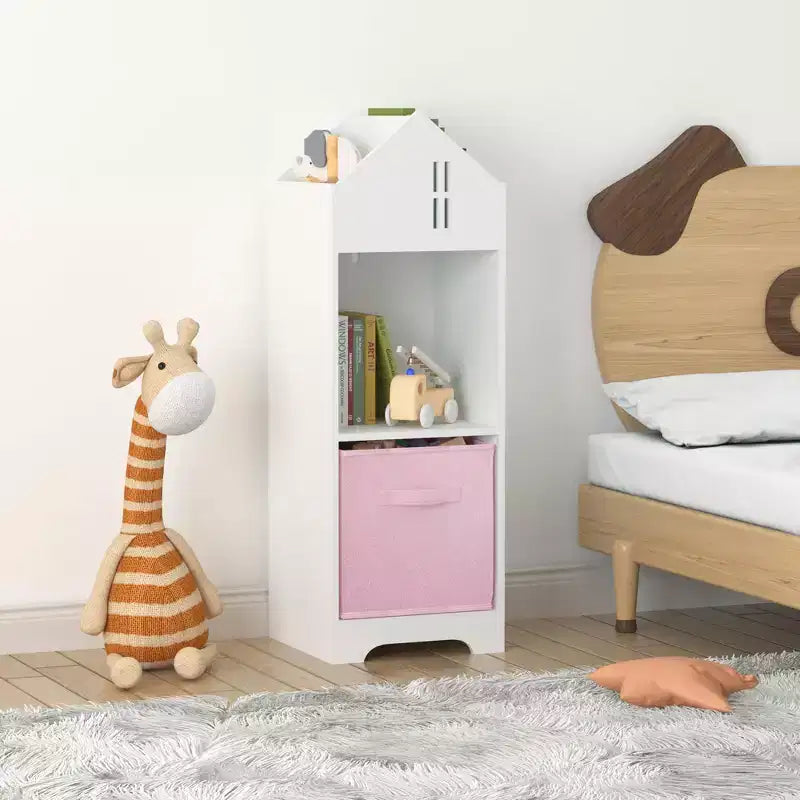 Libreria-casa delle bambole a 2 ripiani bianca e grigia / bianca e rosa con cassetti in tessuto per 1 bambino