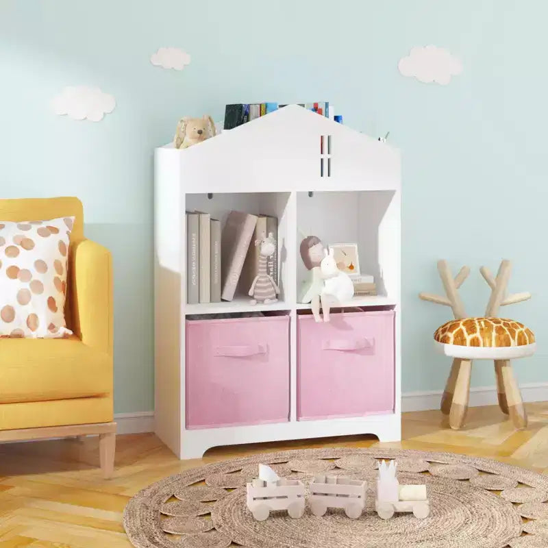 Libreria-casa delle bambole a 2 ripiani bianca e grigia / bianca e rosa con cassetti in tessuto per 1 bambino