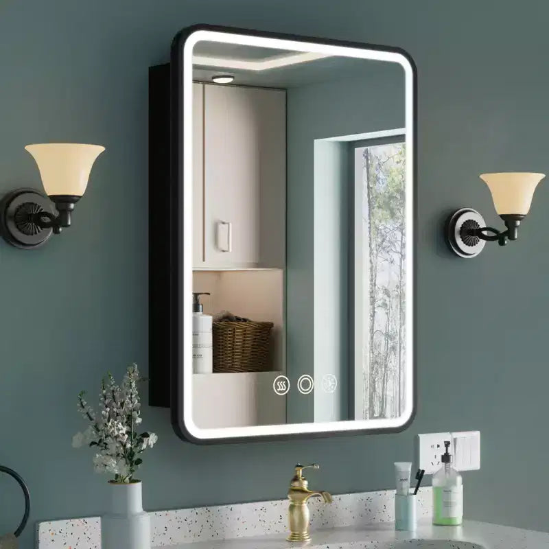 Nero/Bianco/Oro, cerniera sinistra/destra, specchiera contenitore con LED a un'anta, montaggio a superficie o a incasso