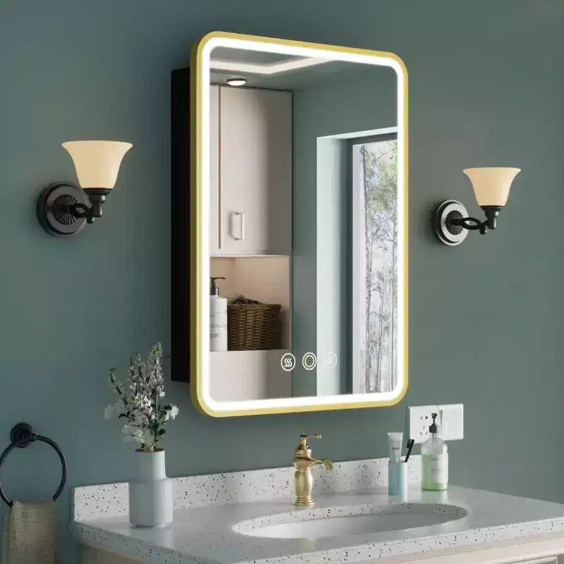 Nero/Bianco/Oro, cerniera sinistra/destra, specchiera contenitore con LED a un'anta, montaggio a superficie o a incasso