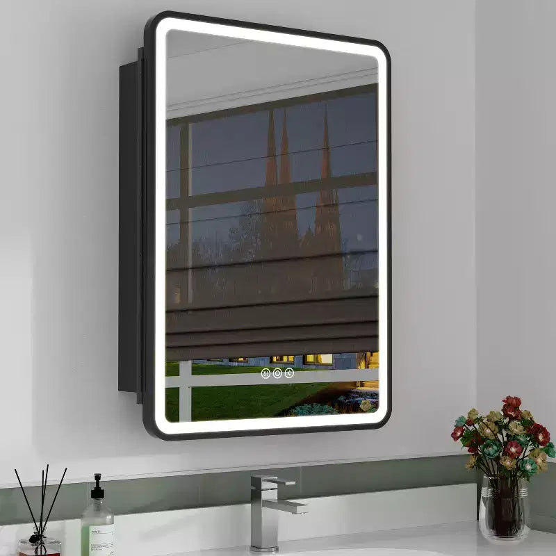 Nero/Bianco/Oro, cerniera sinistra/destra, specchiera contenitore con LED a un'anta, montaggio a superficie o a incasso