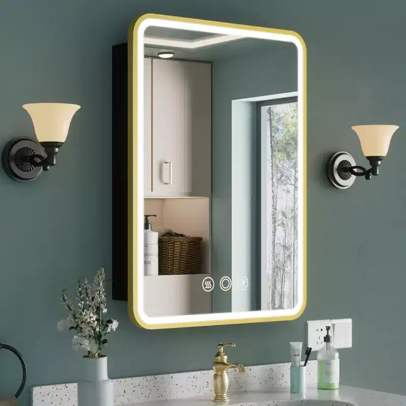 Nero/Bianco/Oro, cerniera sinistra/destra, specchiera contenitore con LED a un'anta, montaggio a superficie o a incasso