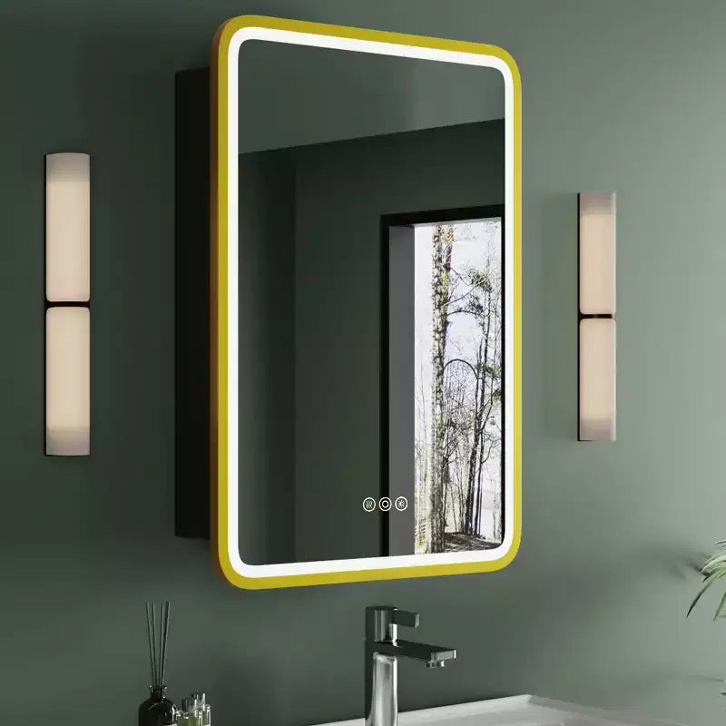 Nero/Bianco/Oro, cerniera sinistra/destra, specchiera contenitore con LED a un'anta, montaggio a superficie o a incasso