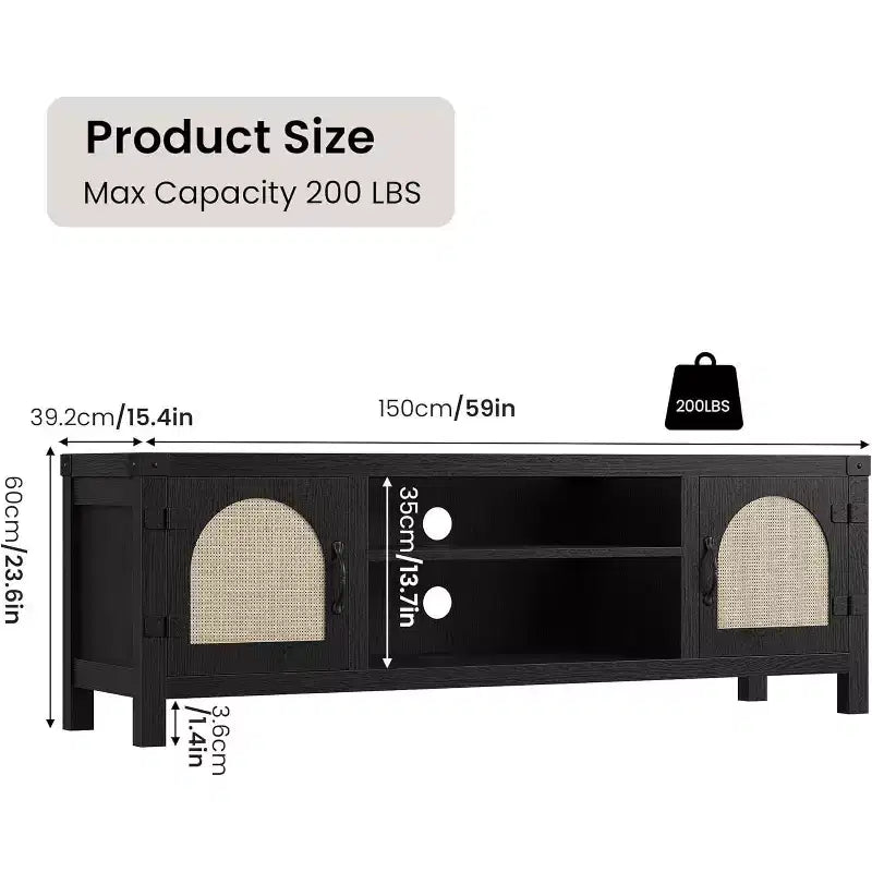 Mobile TV con ante in rattan naturale da 150 cm, mobile TV con 2 cassetti per TV fino a 65"