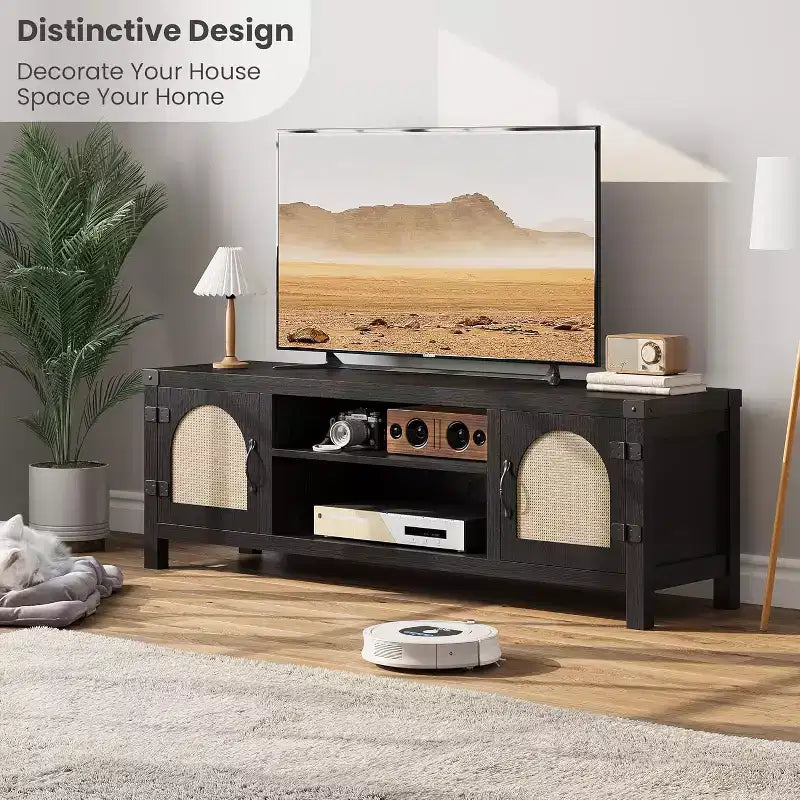 Mobile TV con ante in rattan naturale da 150 cm, mobile TV con 2 cassetti per TV fino a 65"