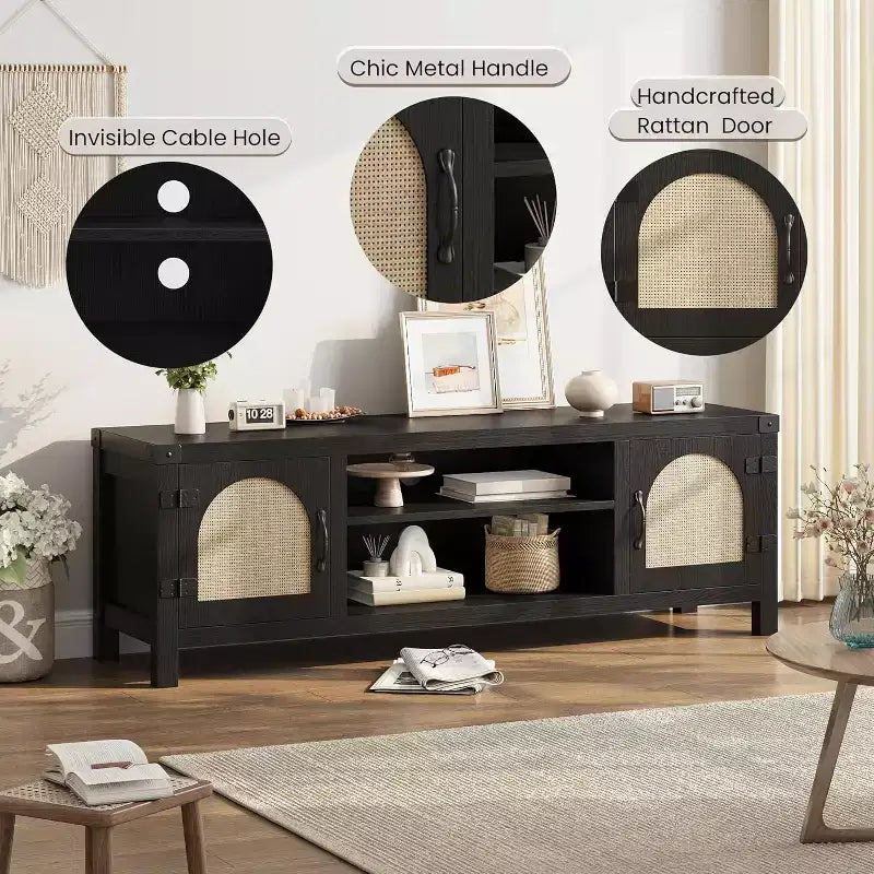 Mobile TV con ante in rattan naturale da 150 cm, mobile TV con 2 cassetti per TV fino a 65"