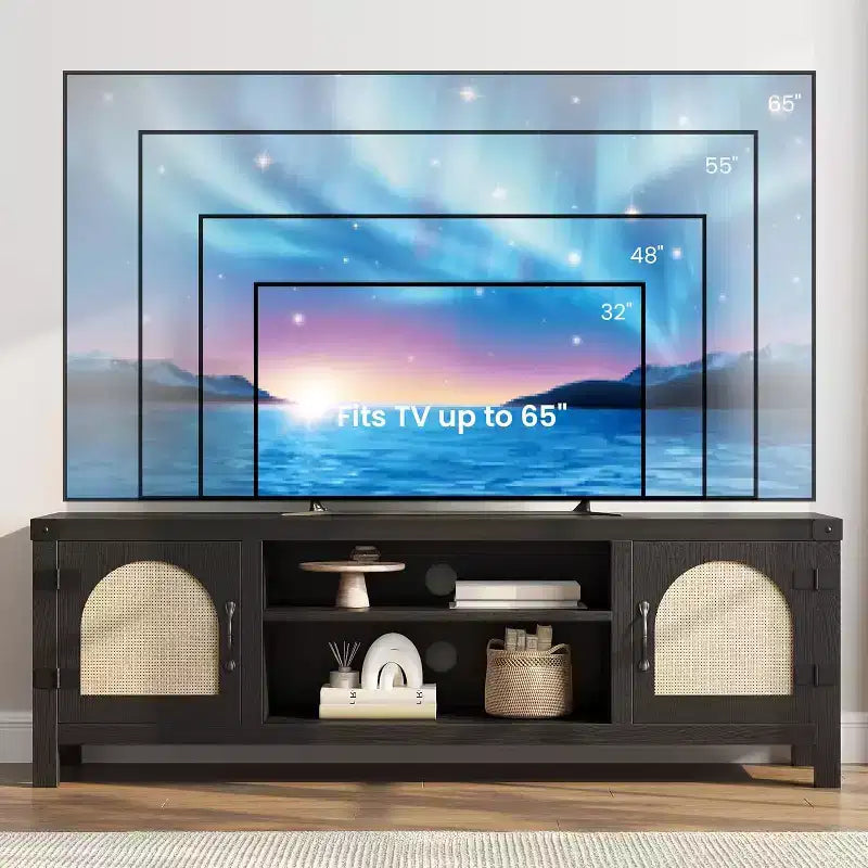 Mobile TV con ante in rattan naturale da 150 cm, mobile TV con 2 cassetti per TV fino a 65"