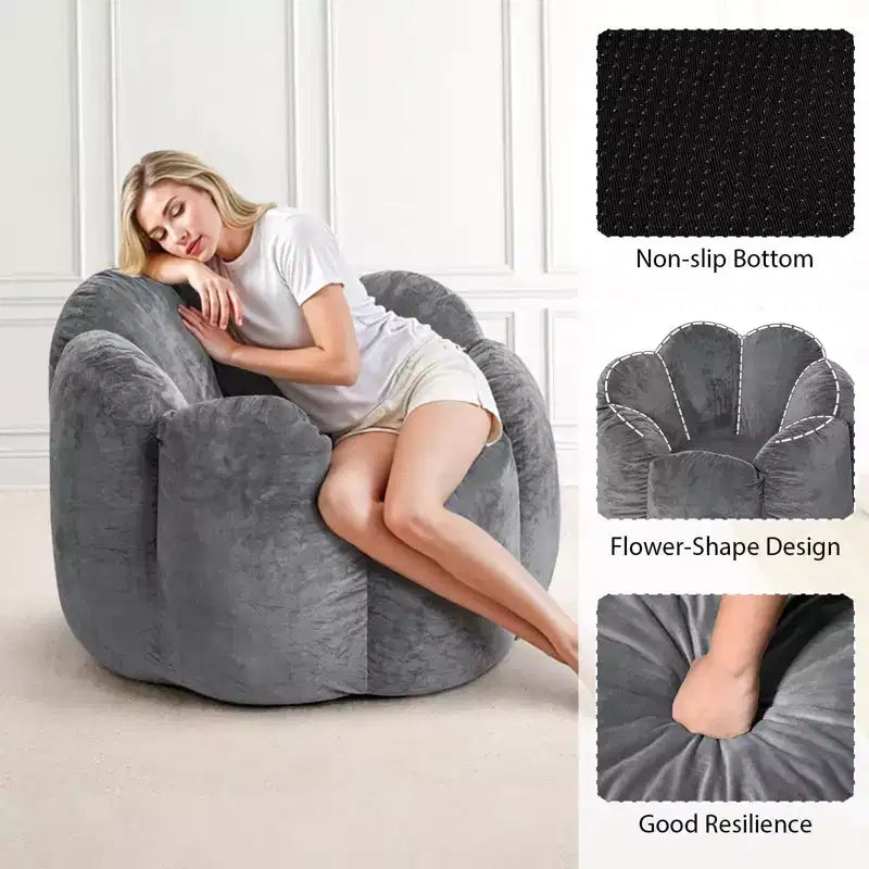 Poltrona sacco in velluto a forma di fiore beige e grigio, 1 posto