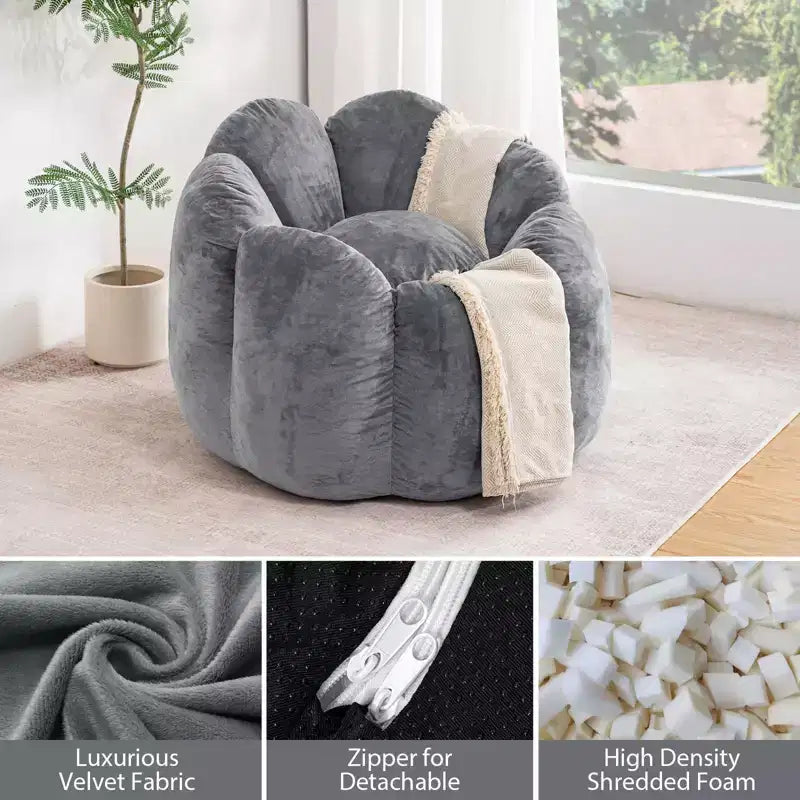 Poltrona sacco in velluto a forma di fiore beige e grigio, 1 posto