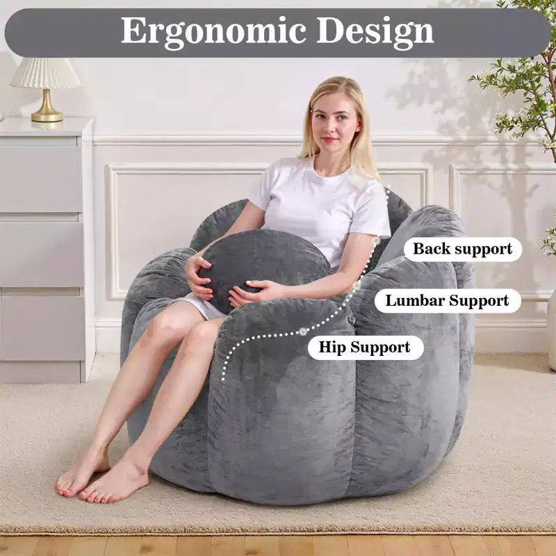 Poltrona sacco in velluto a forma di fiore beige e grigio, 1 posto