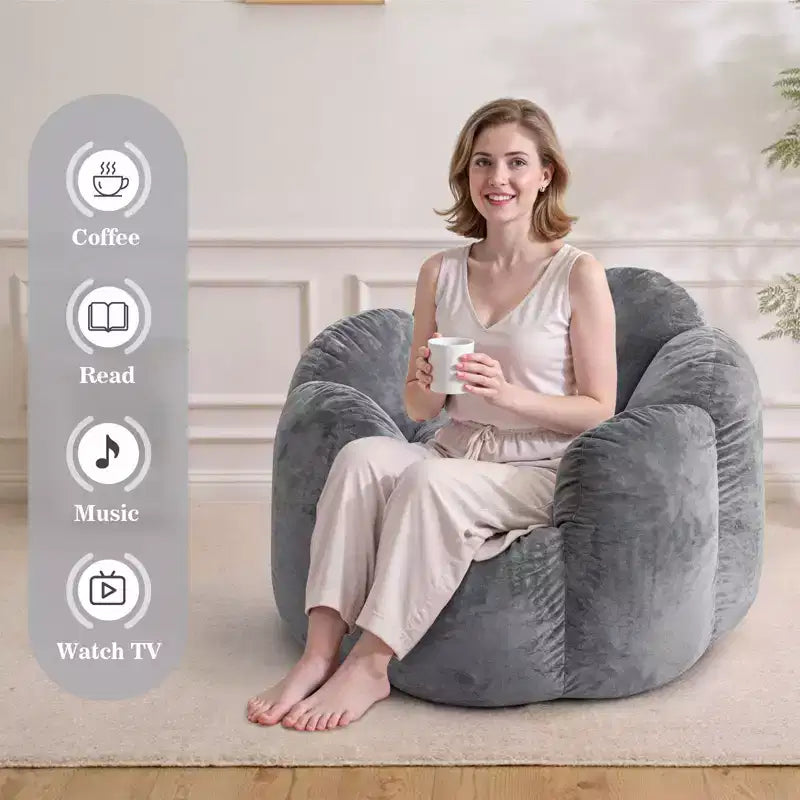 Poltrona sacco in velluto a forma di fiore beige e grigio, 1 posto