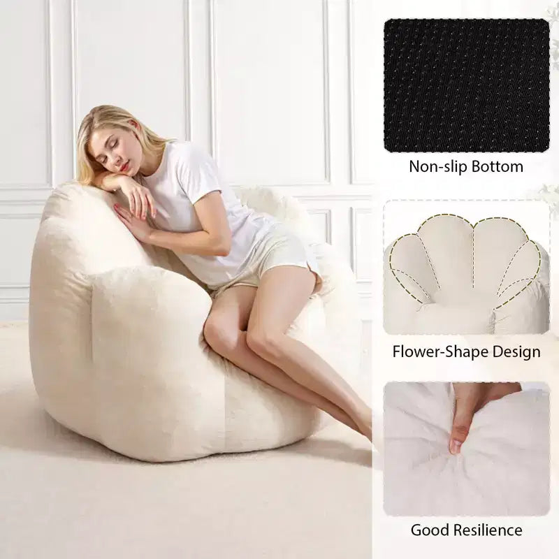 Poltrona sacco in velluto a forma di fiore beige e grigio, 1 posto