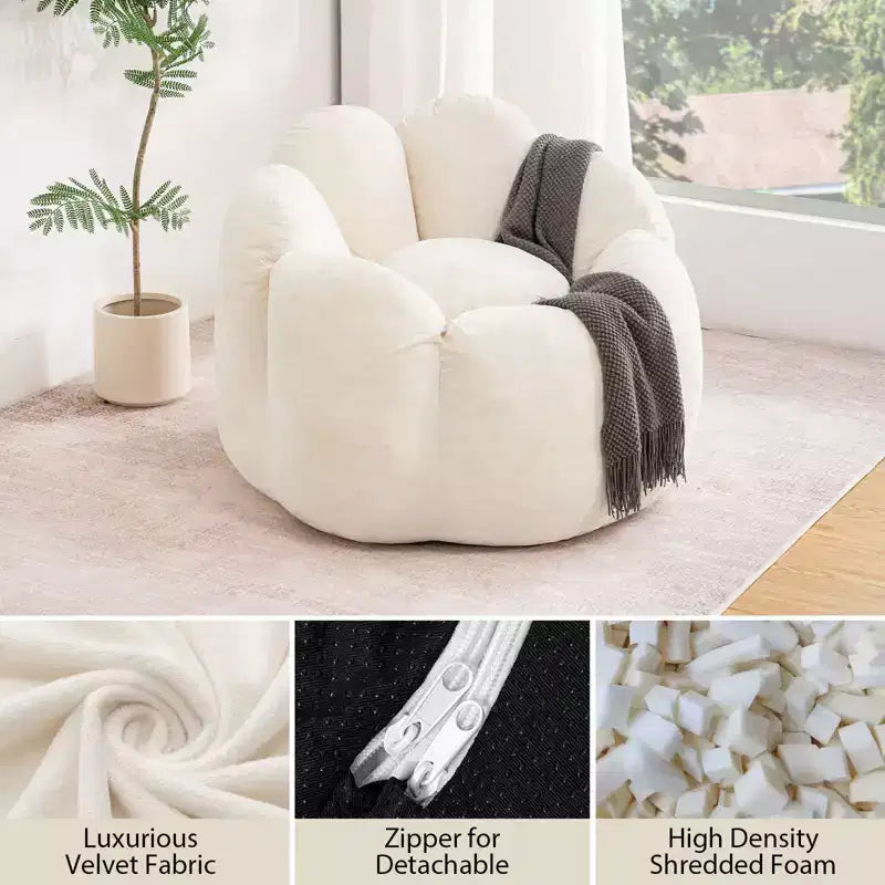 Poltrona sacco in velluto a forma di fiore beige e grigio, 1 posto